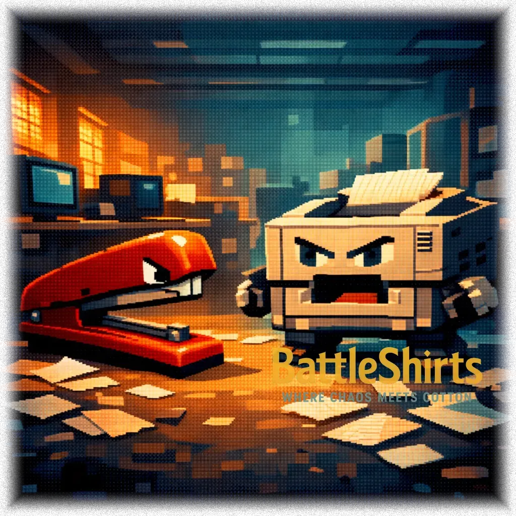 Red stapler vs Old laser printer battle t-shirt