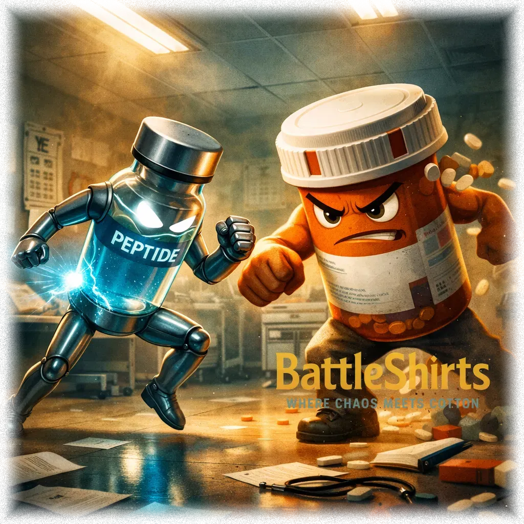 Health Hacking Peptides vs Big Pharma Drugs battle t-shirt