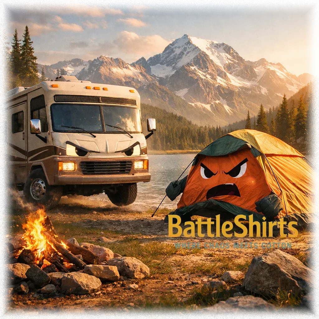 RV vs Tent battle t-shirt