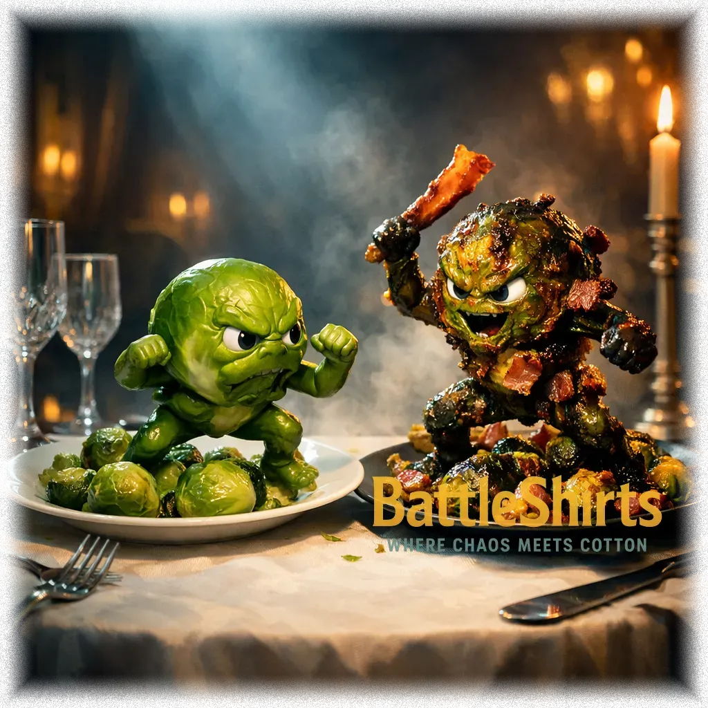 boiled brussels sprouts vs air fried brussel sprouts with bacon battle t-shirt