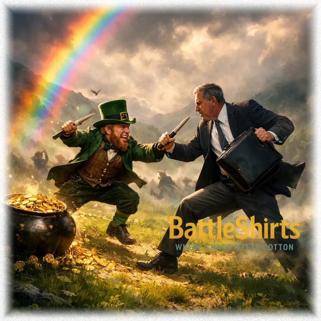 Leprechaun vs IRS Auditor battle t-shirt