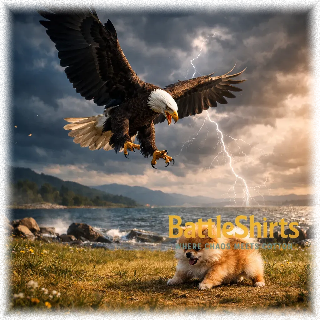 Hungry Bald Eagle vs Small Pomeranian Puppy battle t-shirt