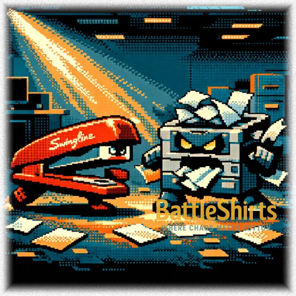Red Swingline Stapler vs Old broken Laser Printer battle t-shirt