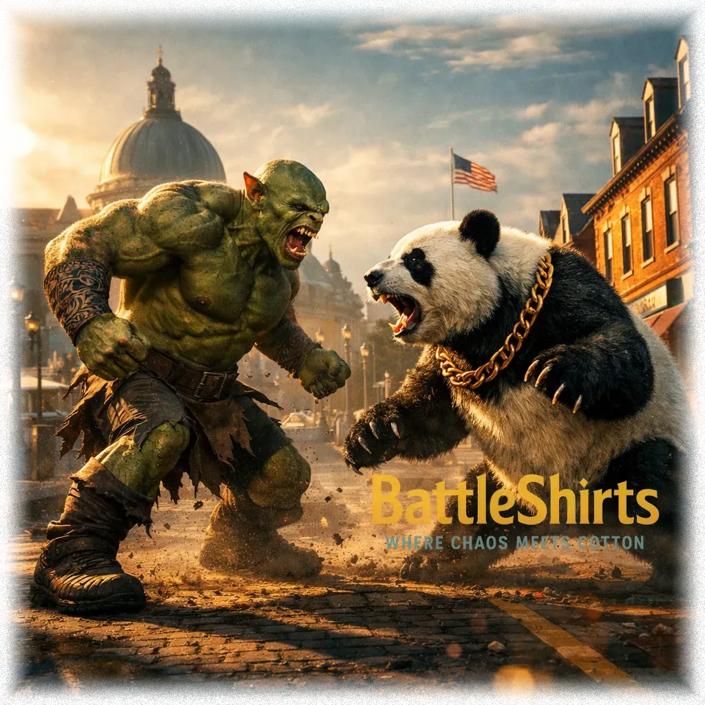 Ogre with sleeve tattoo vs Panda with gold chain on  battle t-shirt
