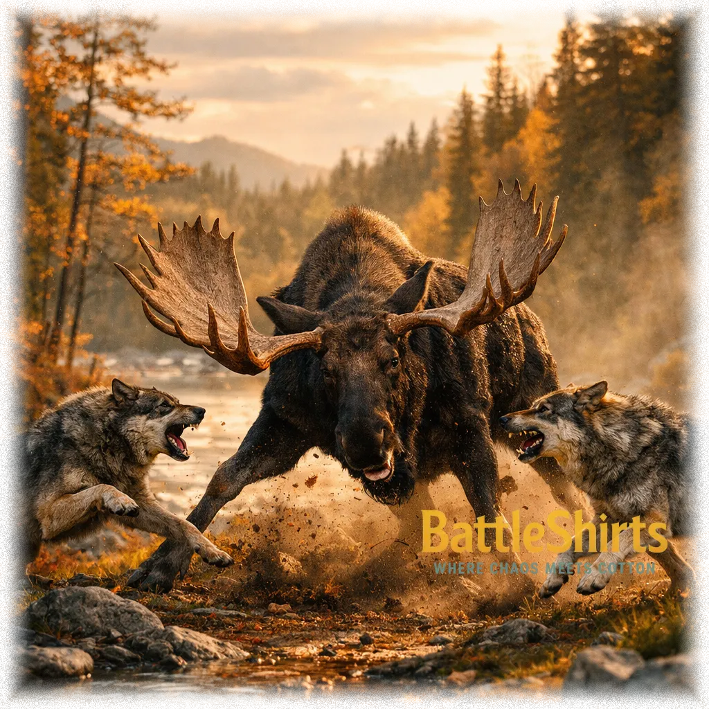   Bull moose vs Two hungry timber wolves battle t-shirt