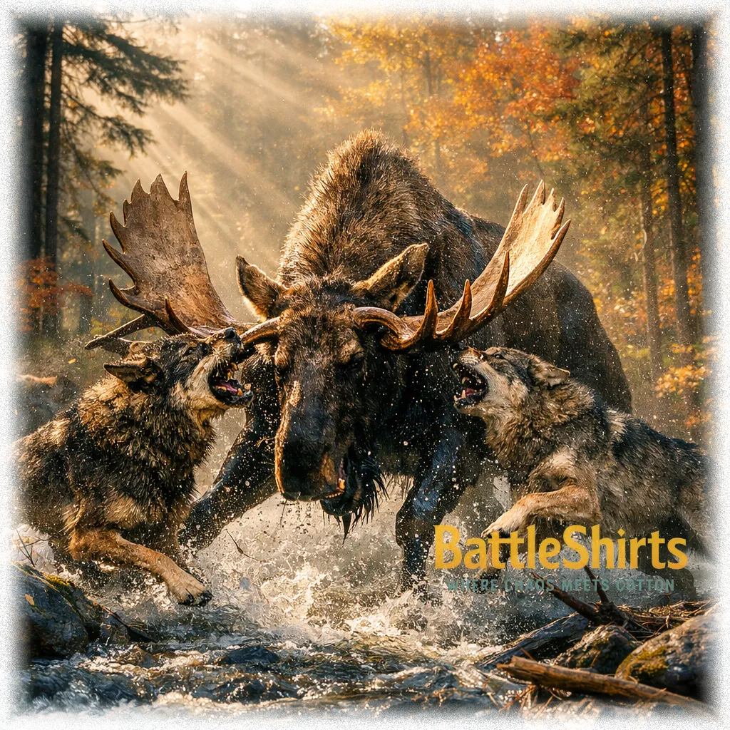 Bull moose  vs Two hungry timber wolves  battle t-shirt