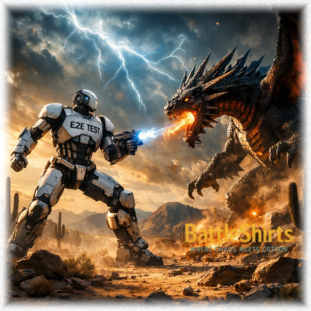 E2E Test Robot vs Order Pipeline Dragon battle t-shirt
